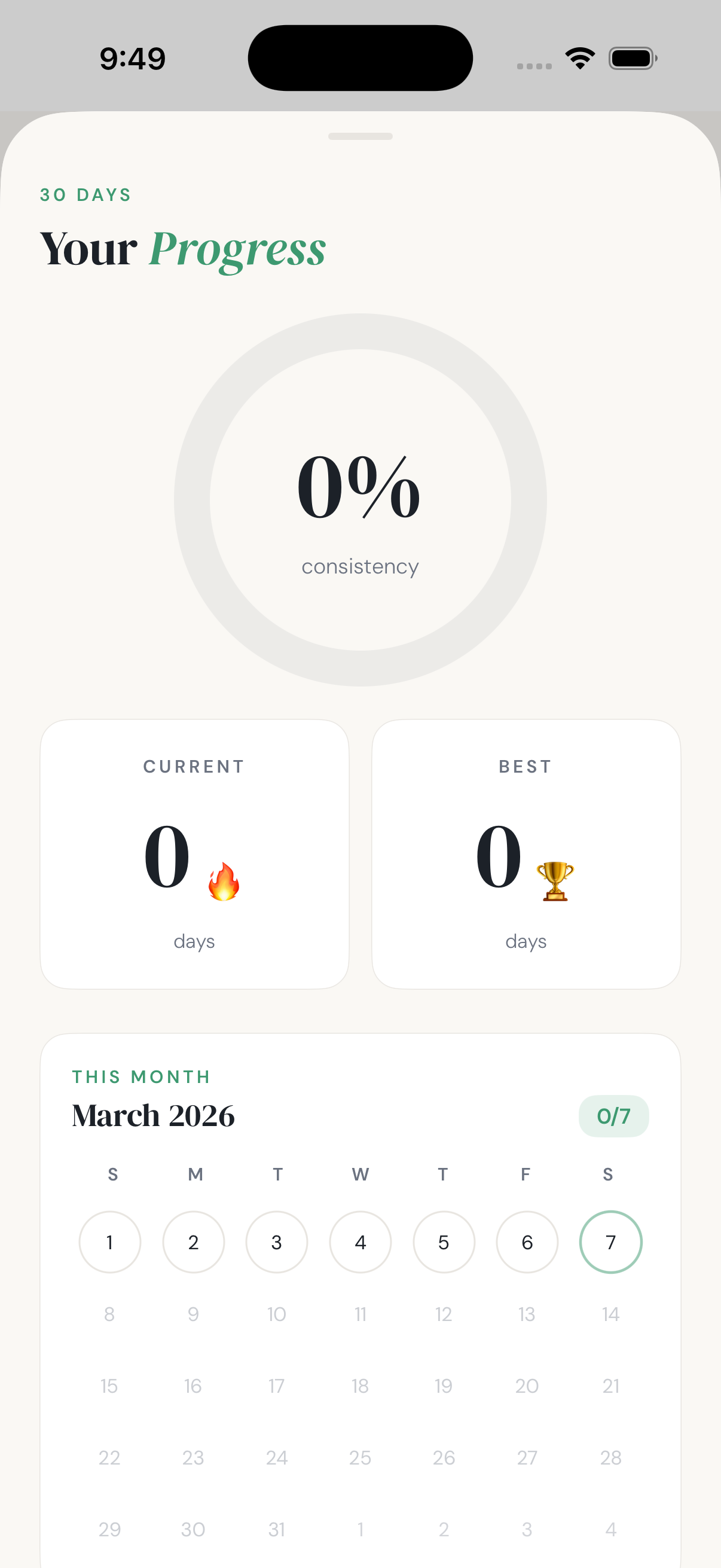 Brushed progress screen with 30-day consistency tracking